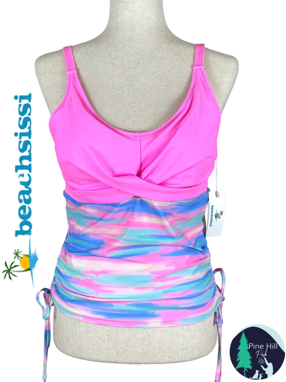 Beachsissi Tankini Top Womens XL Pink Blue Ruched Sides Shelf Bra Swim Top NWT